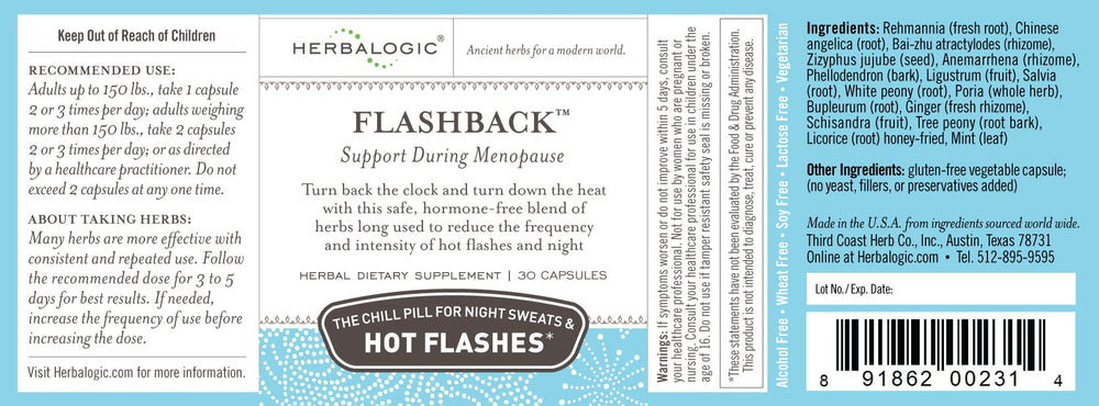 Herbalogic Flashback capsules with Dong Quai herb close-up.