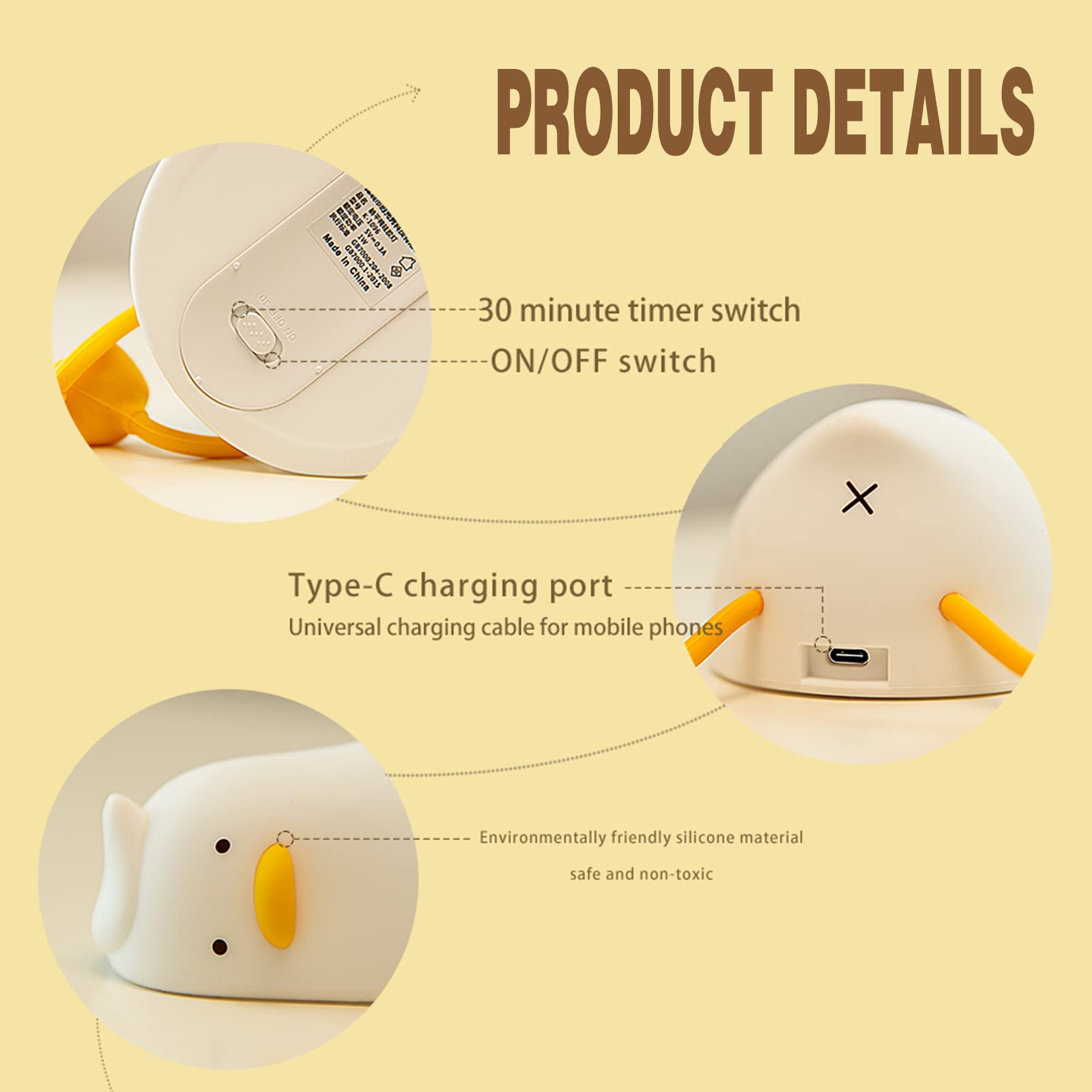 HERBESTBAY duck night light rechargeable via USB-C for convenient power