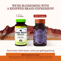 Close-up of Cramp ReLeaf bottle label highlighting natural herbal ingredients.