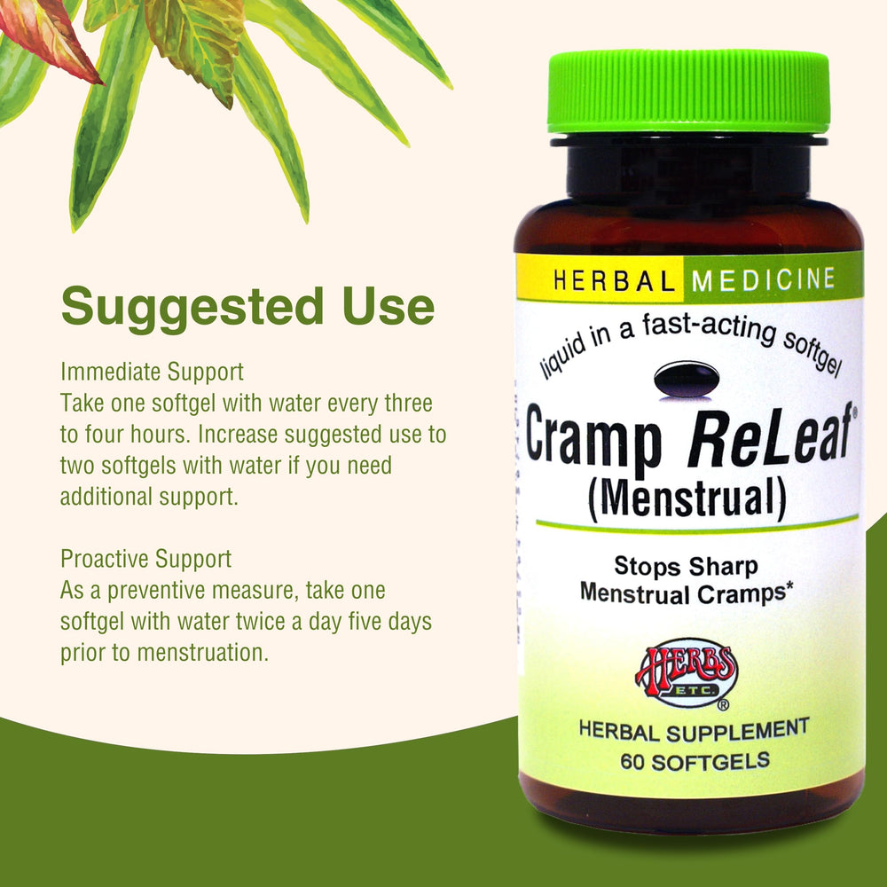 Cramp ReLeaf bottle on a clean surface with herbal imagery.