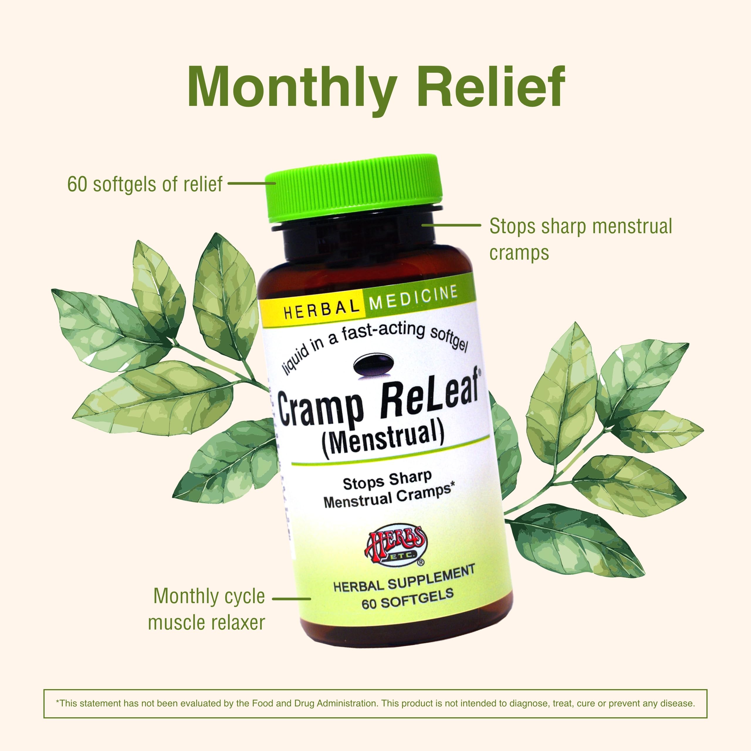 Packaging box for Cramp ReLeaf displaying branding and usage notes.