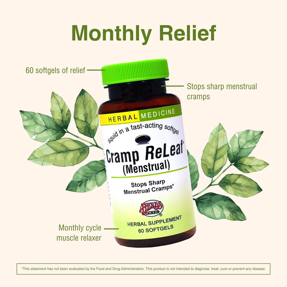 Packaging box for Cramp ReLeaf displaying branding and usage notes.