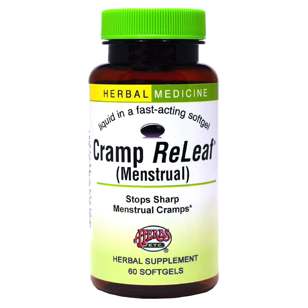 Herbs Etc. Cramp ReLeaf softgel bottle for convenient menstrual relief.