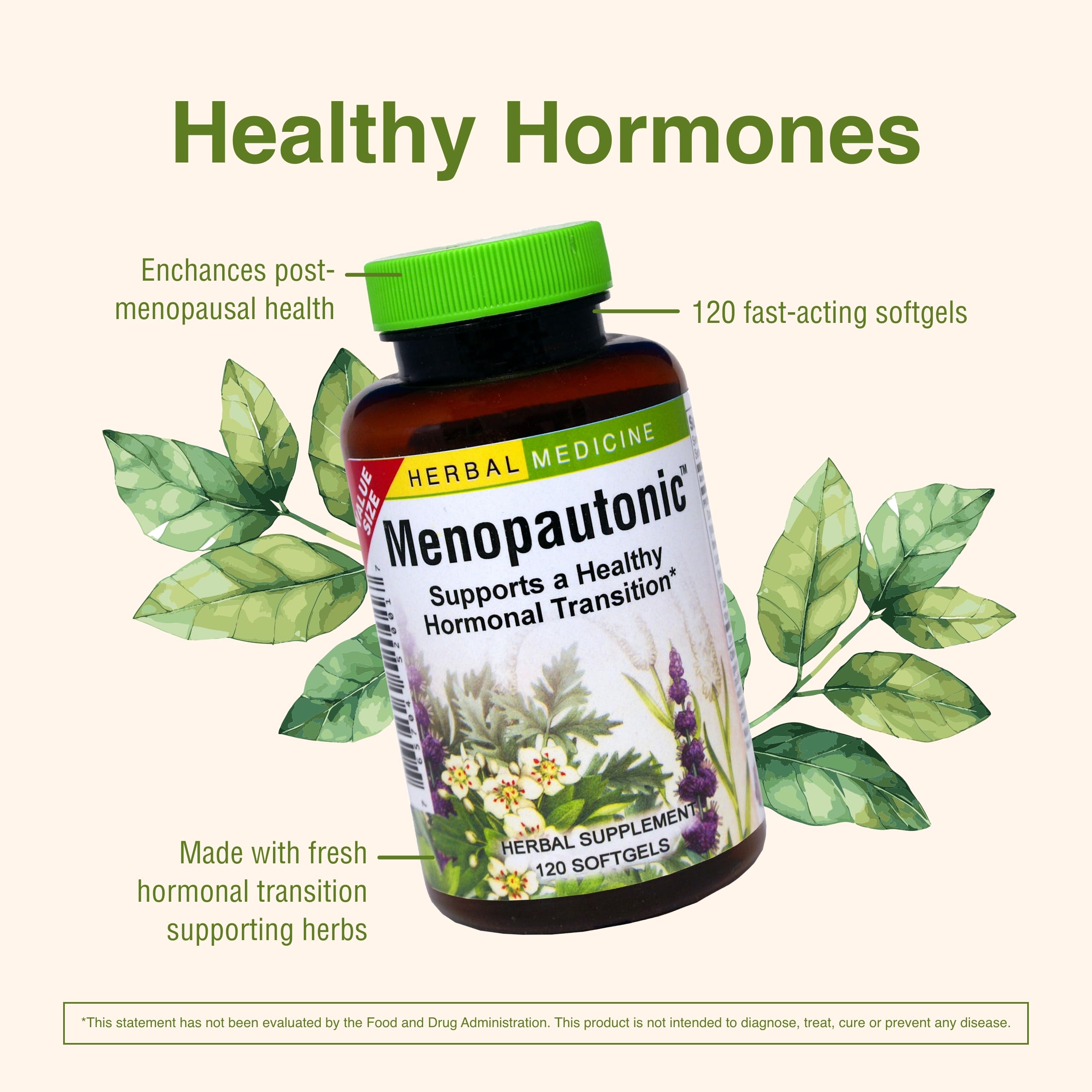 Herbs Etc. Menopautonic softgels ingredients label shows natural botanicals for transition support.