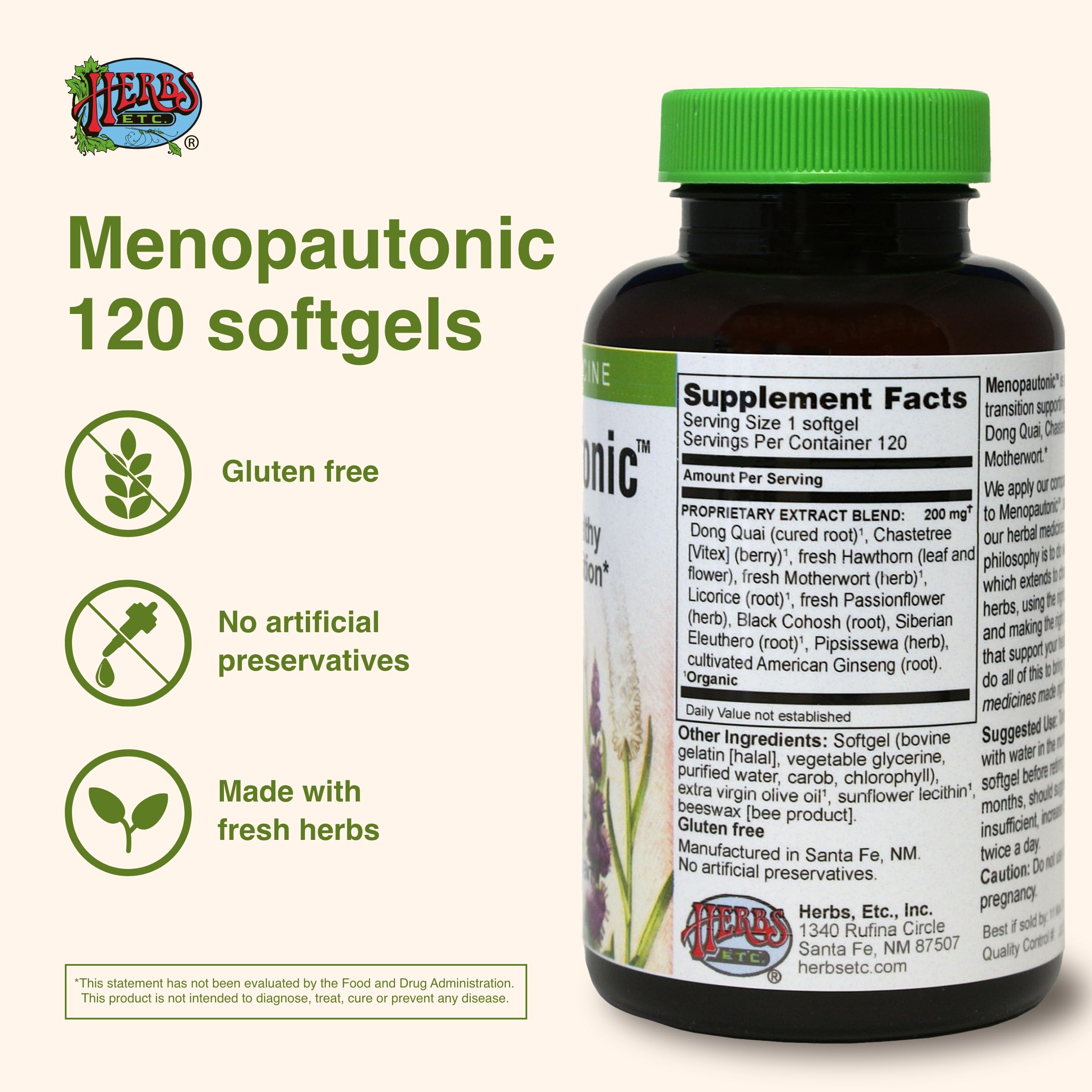 Herbs Etc. Menopautonic softgels packaging front highlighting the herbal formulation.