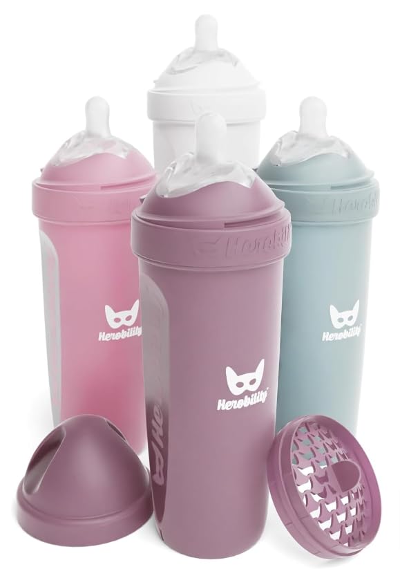 Herobility bottle close-up shows the double anti-colic teat design reducing air intake