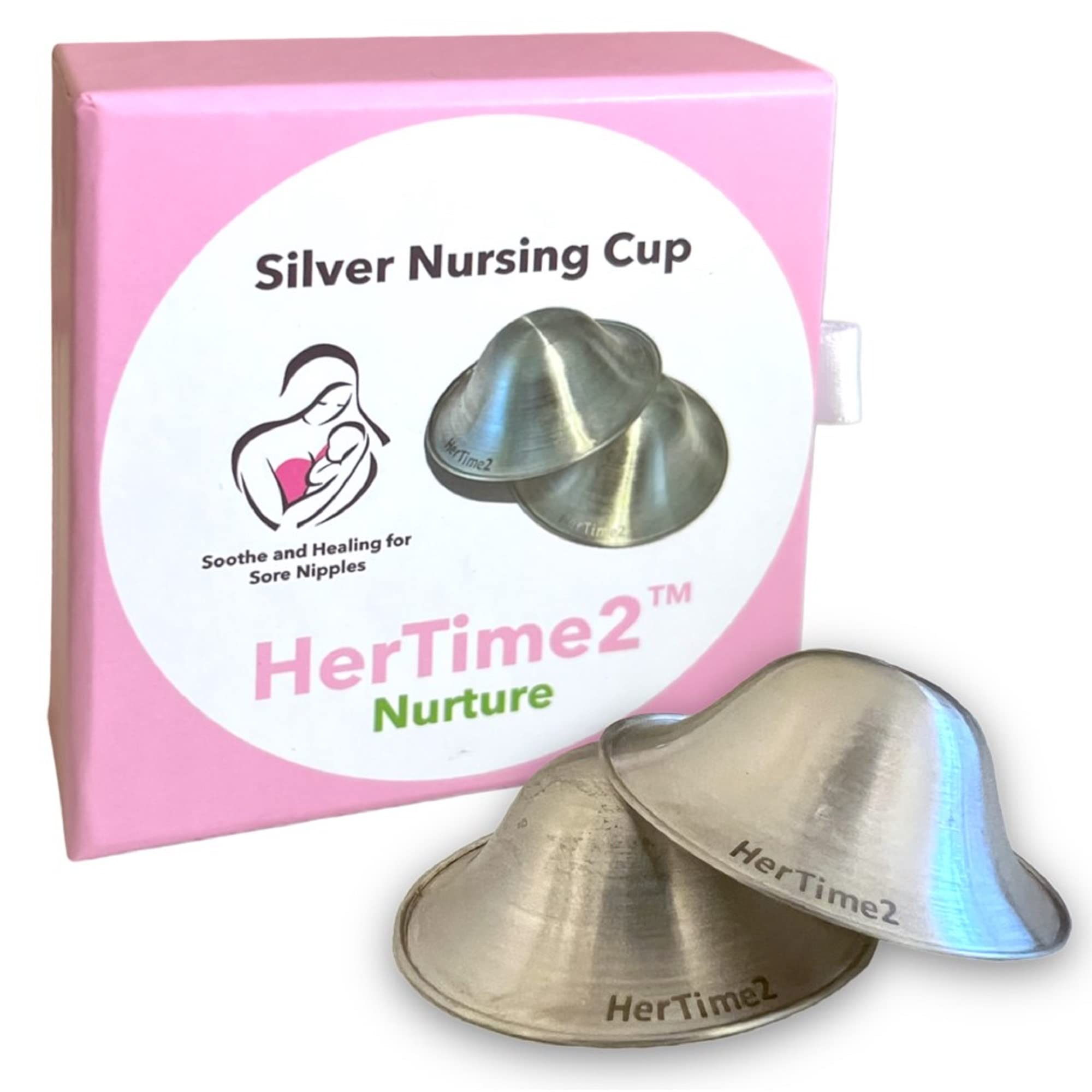 HerTime2 Silver Nursing Cups in packaging box for easy storage
