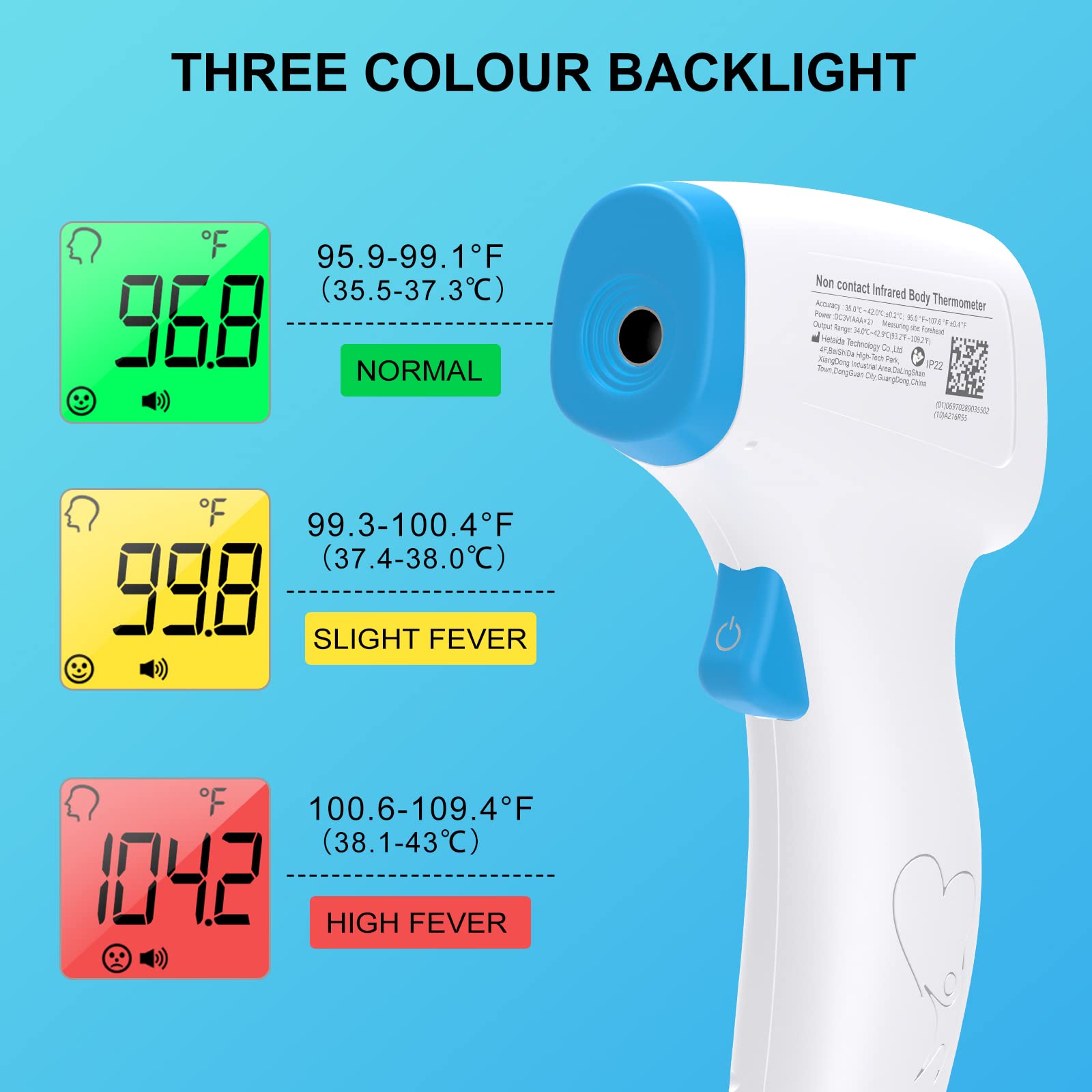 Hetaida backlit LCD thermometer with fever alert color coding