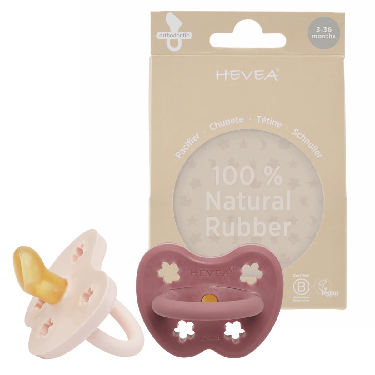 HEVEA natural rubber pacifier orthodontic in powder pink offers gentle soothing for newborns.