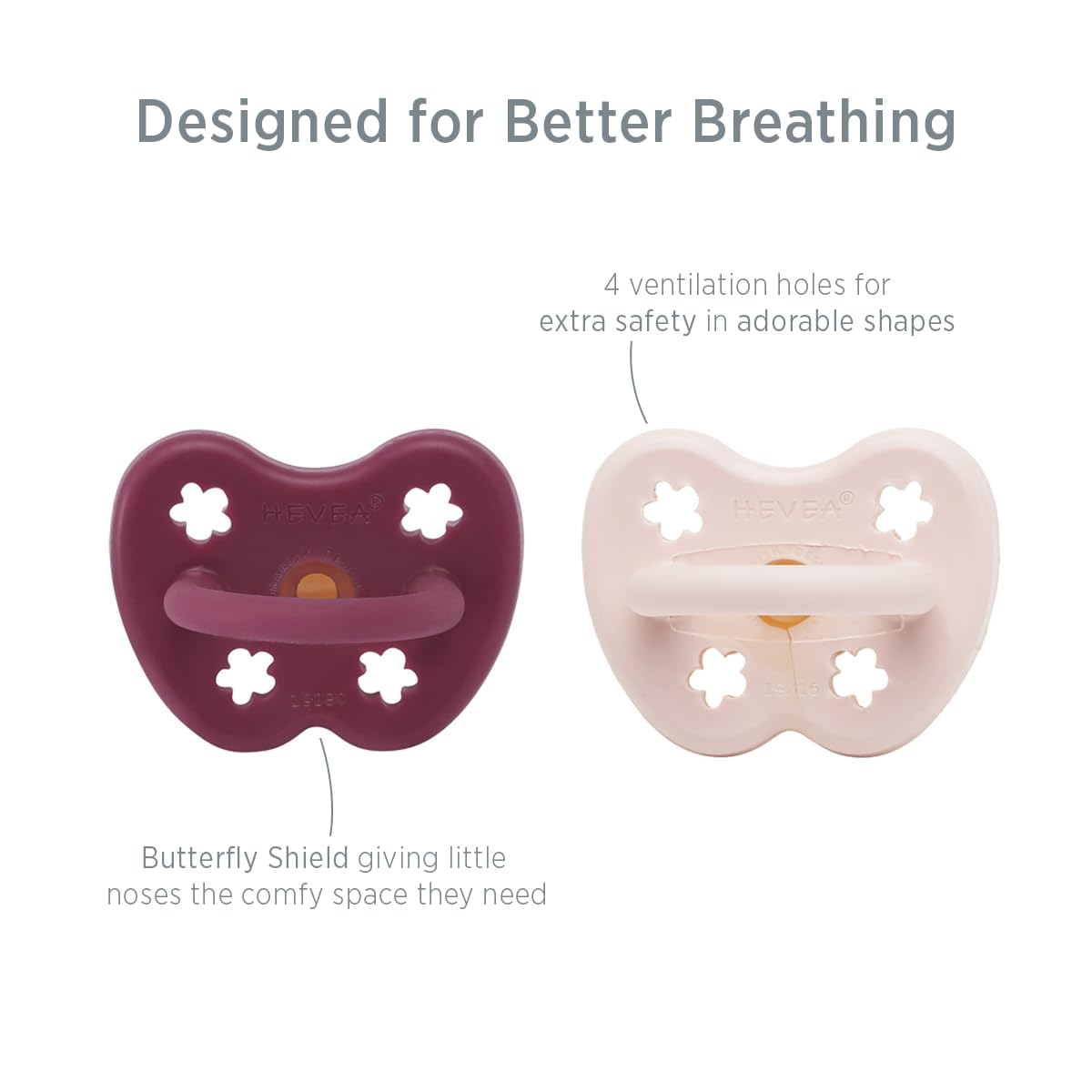 HEVEA orthodontic pacifier in rosewood supports durable, hygienic design for toddlers.