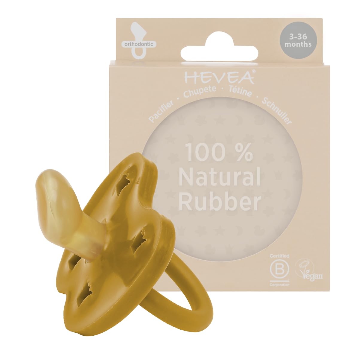 HEVEA pacifier orthodontic teat in golden honey, easy cleaning in a one-piece design.