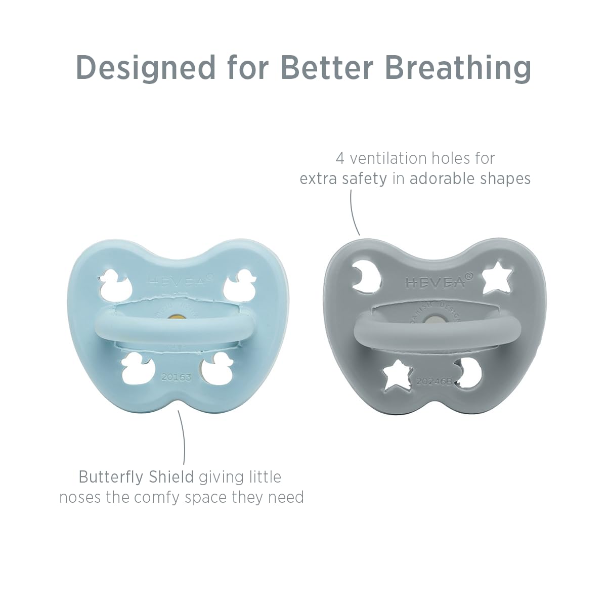 HEVEA pacifier ventilation-holes design in Thunder Grey keeps teat soft.