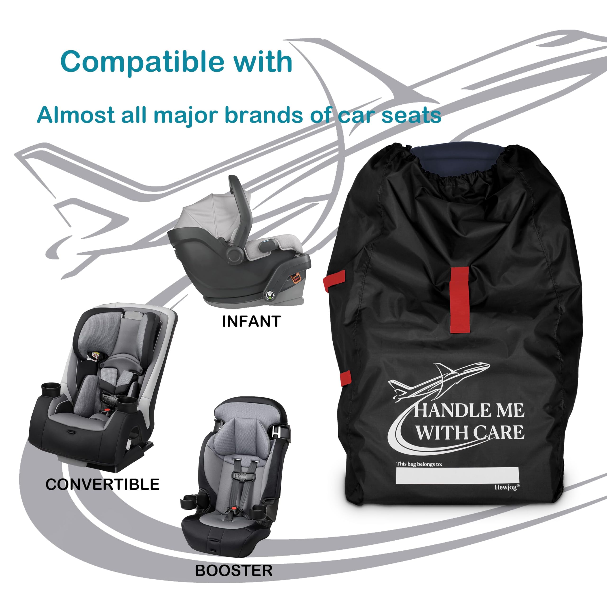 Hewjog car seat travel bag in bright red, high visibility for quick identification.