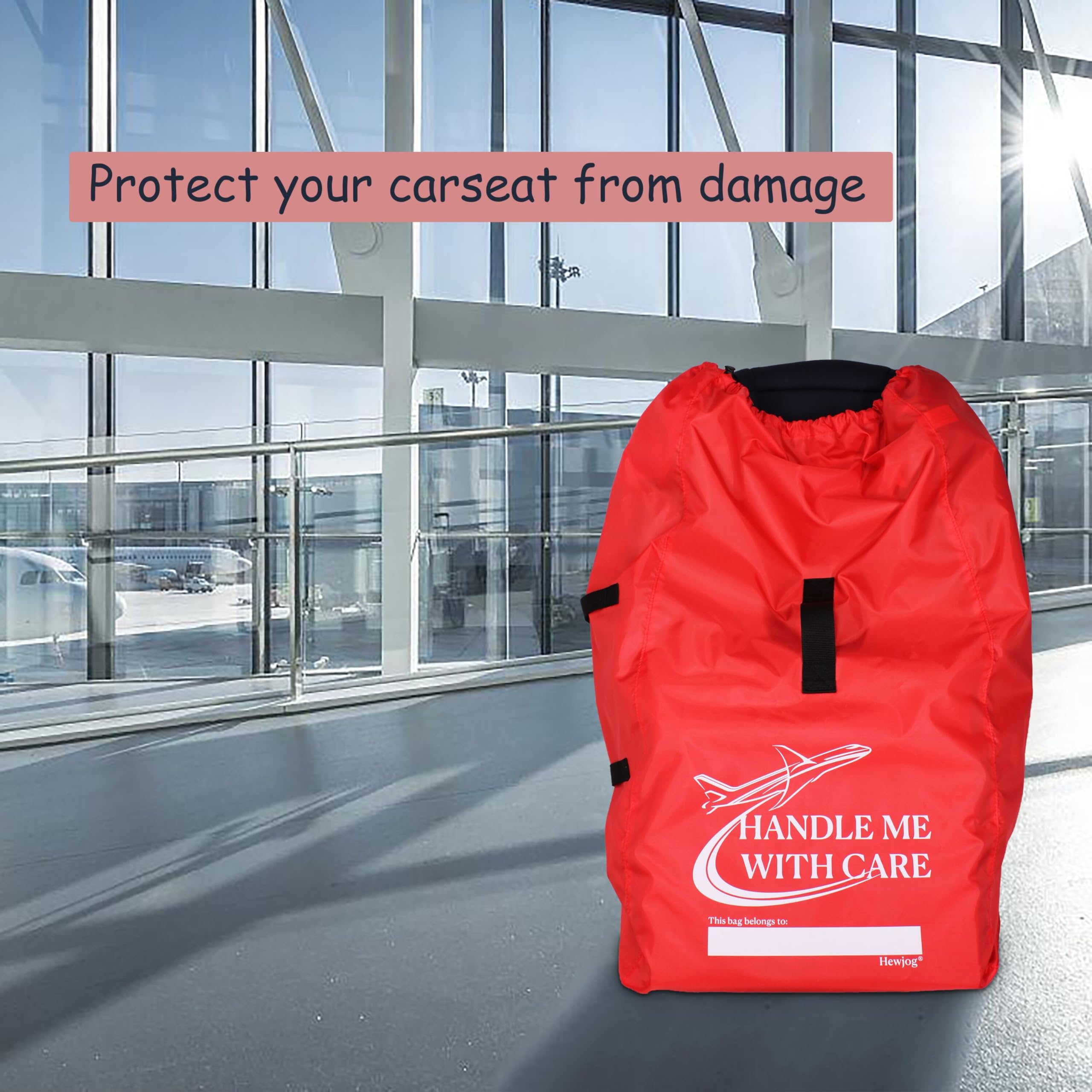 Hewjog car seat travel bag sized 34x18x18 inches to fit major seats.