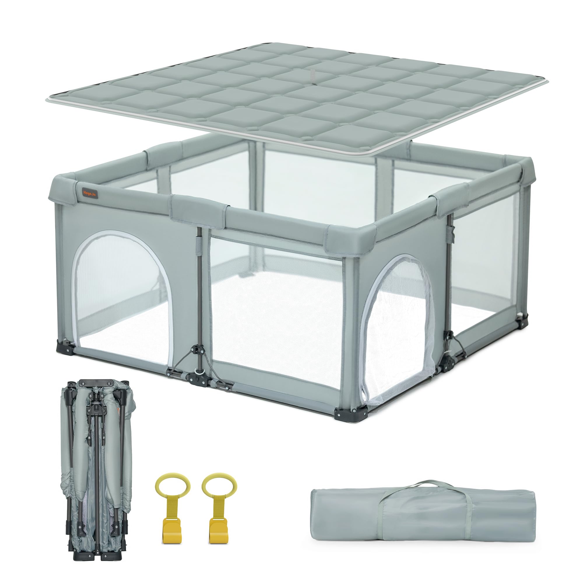 Heyo.Ja foldable playpen with detachable mat creates a roomy, safe play area for babies.
