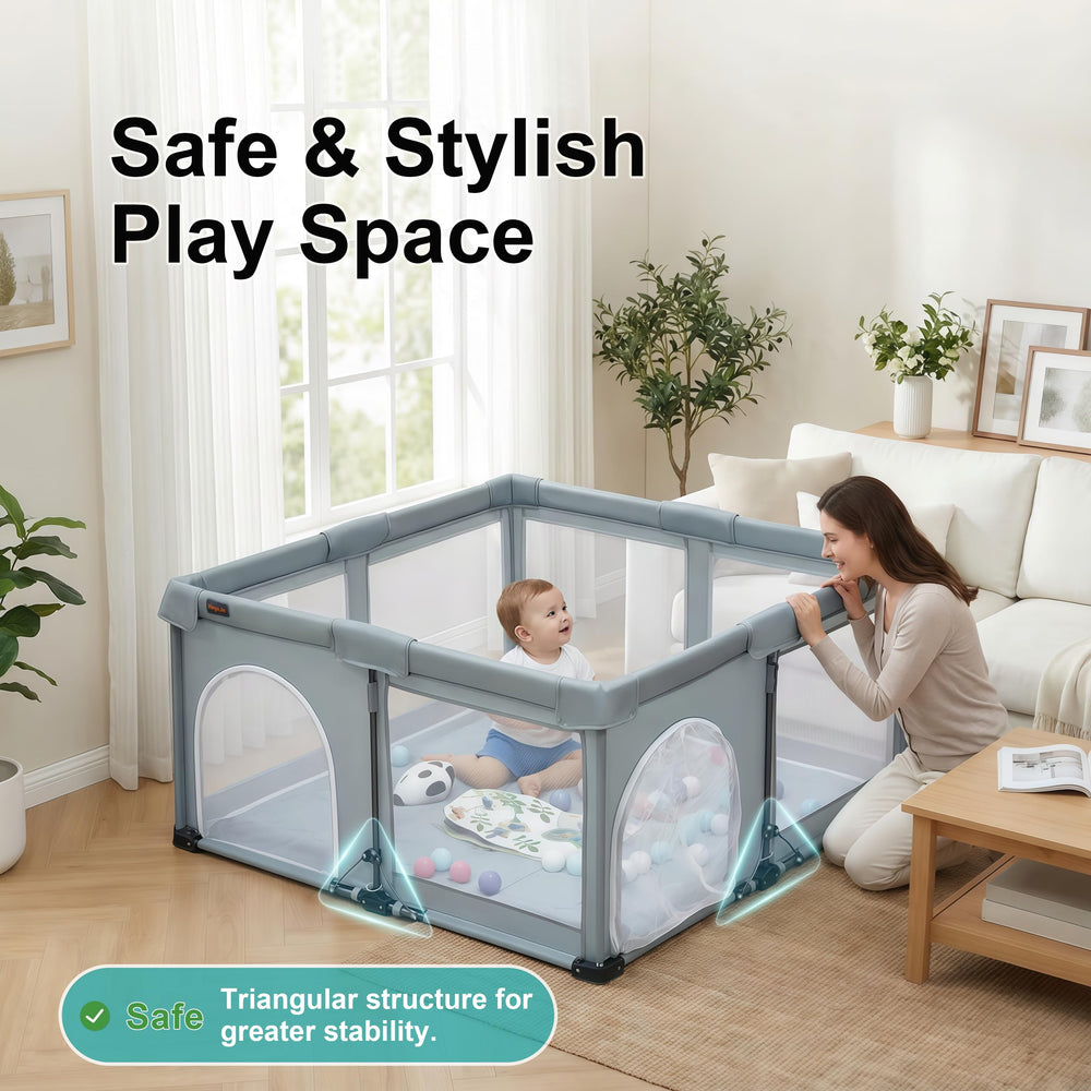 Heyo.Ja foldable playpen provides a 360-degree mesh view for monitoring.