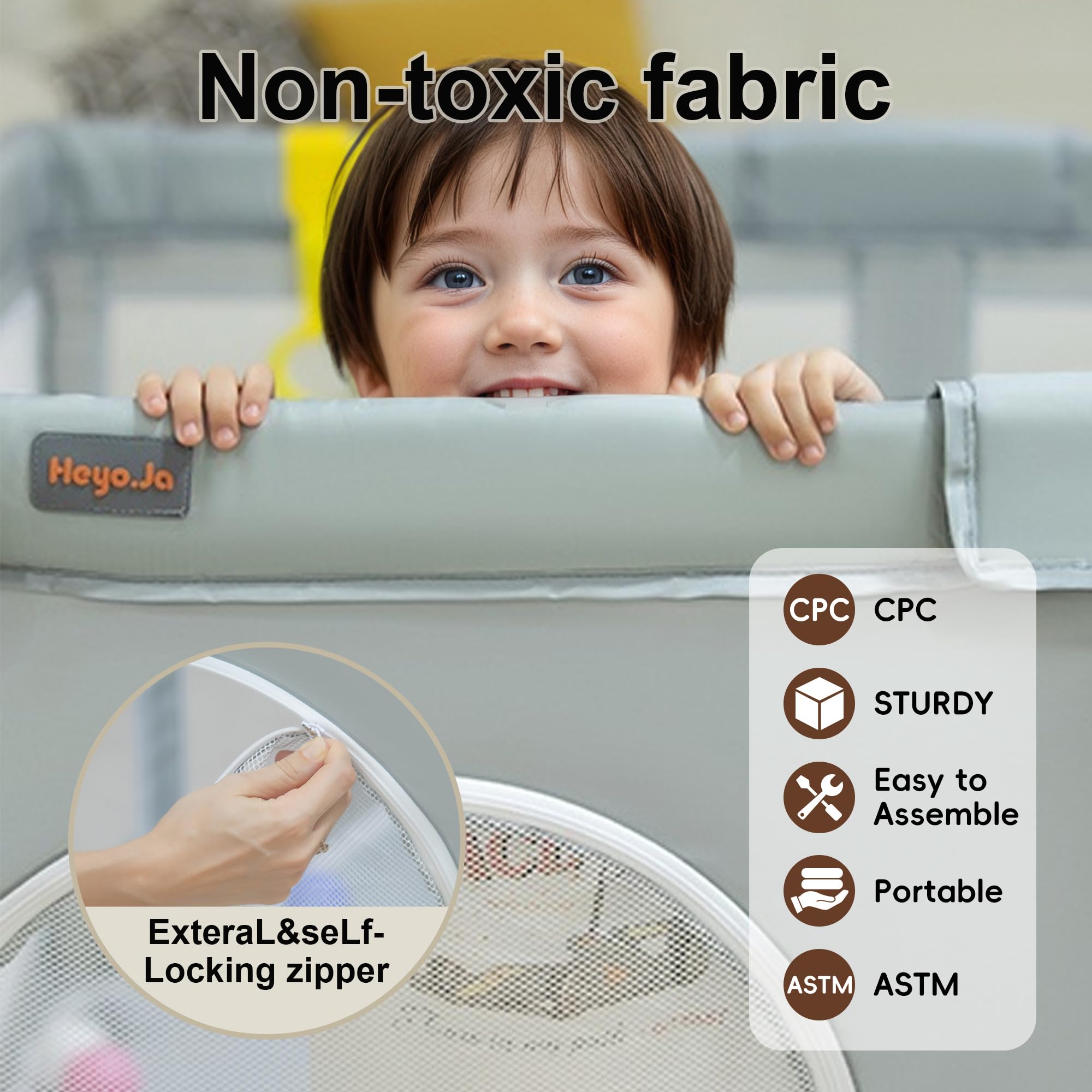 Heyo.Ja foldable playpen features an external zipper for caregiver access.