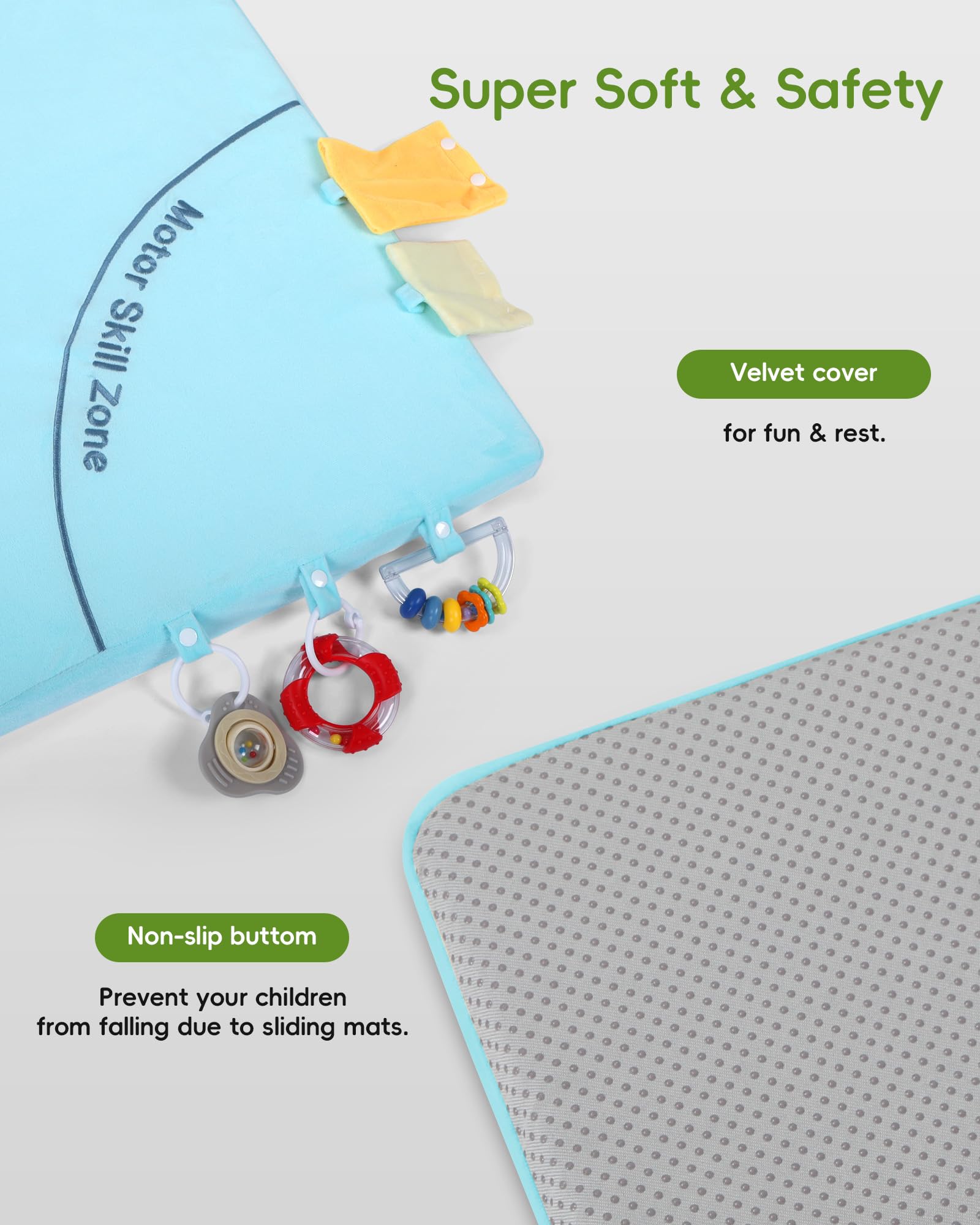 Heypappy blue velvet cover provides a soft, inviting surface for supervised play.
