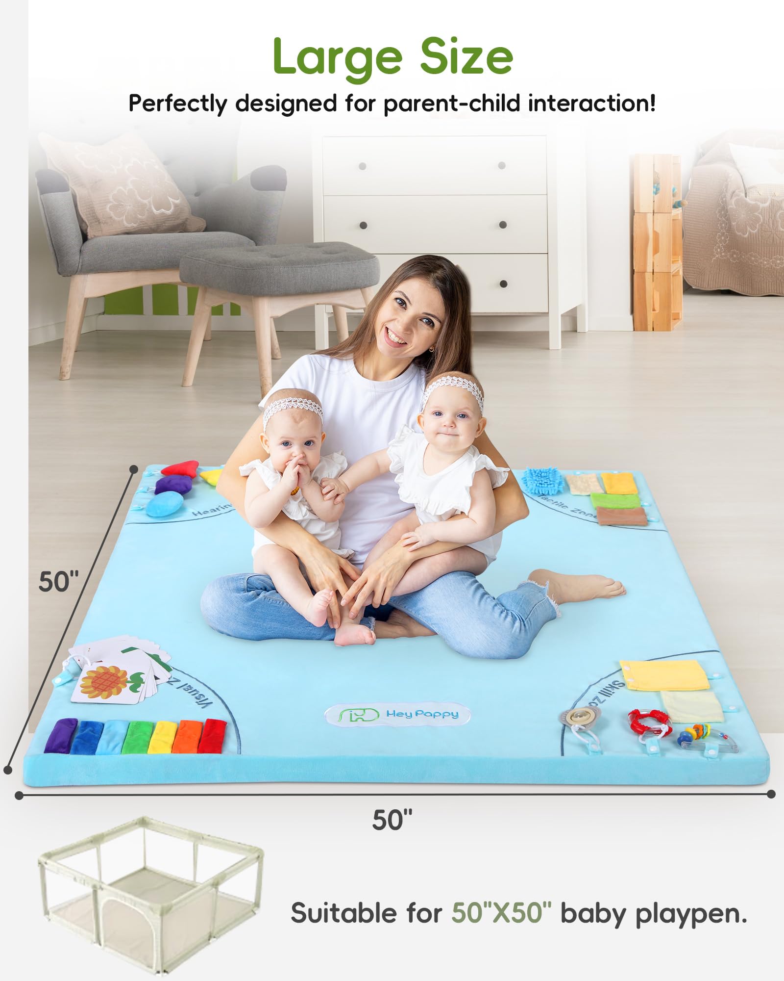 Heypappy mat features a non-slip back to prevent shifting during activities.