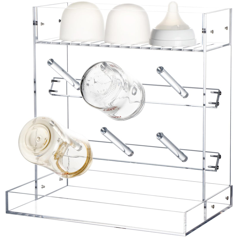 Heyrelda vertical bottle drying rack keeps bottles organized after washing.