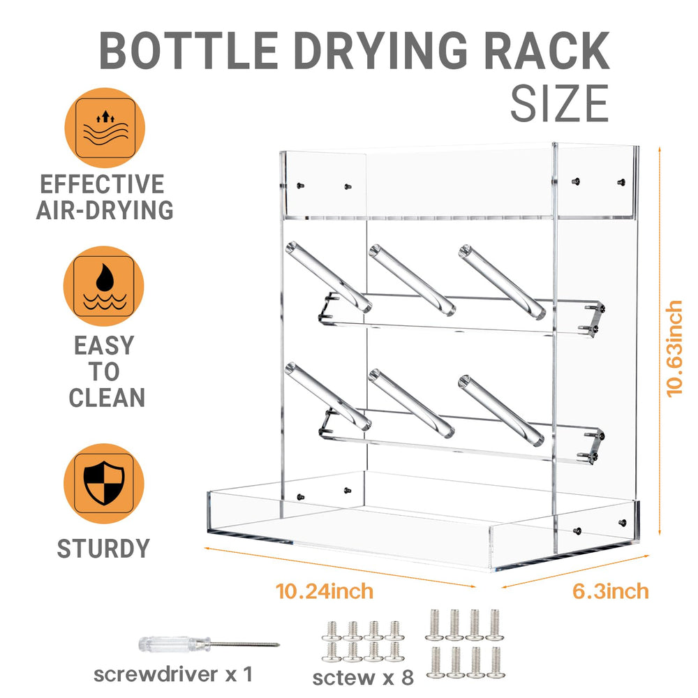 Heyrelda clear acrylic rack with drip tray keeps countertops dry.