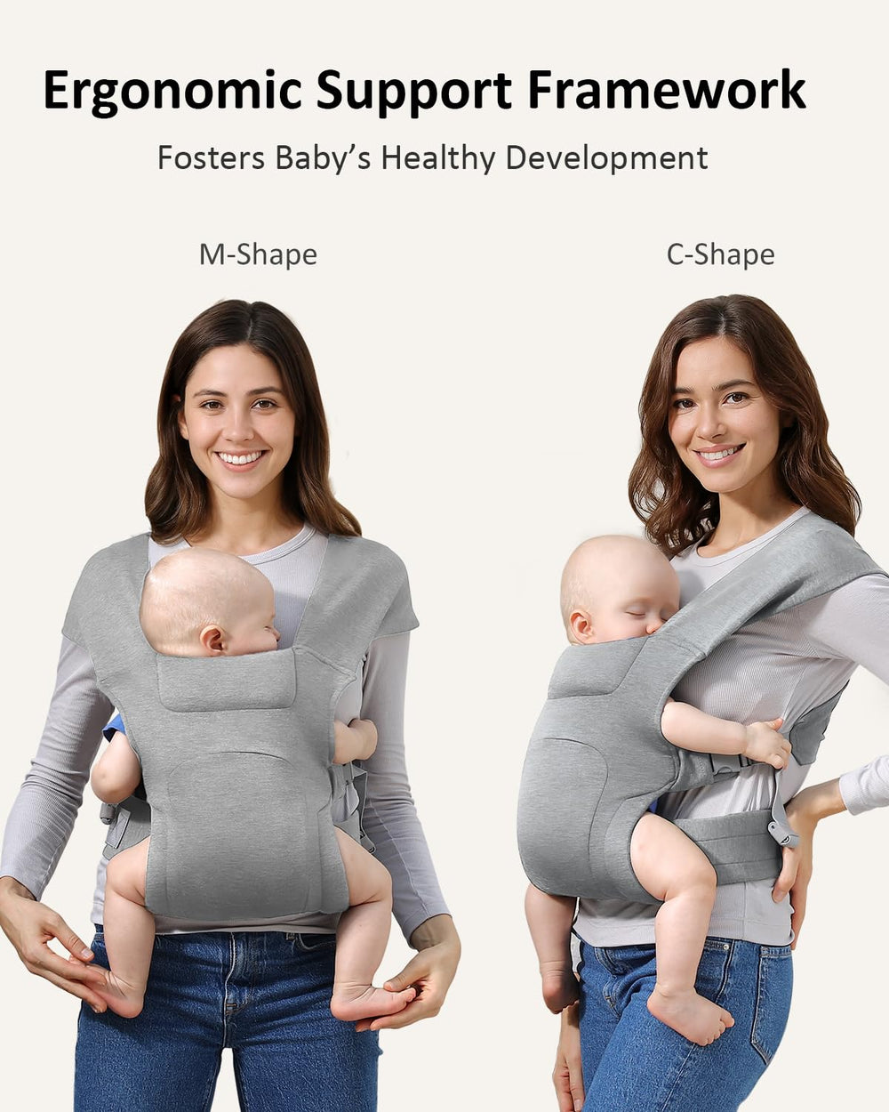 HEYVALUE head-support closeup shows ergonomic M-position hip alignment for growing babies.