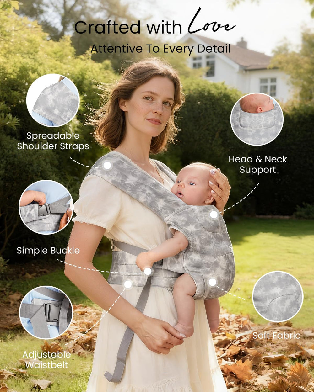 HEYVALUE Baby Carrier adjustable straps in TieDyeGray offer customizable comfort.
