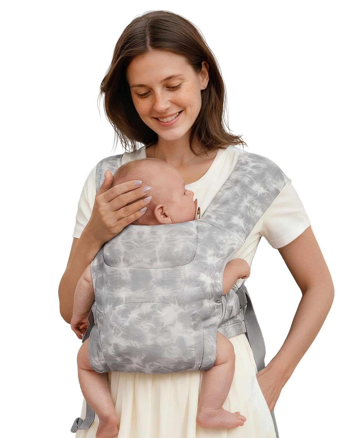 HEYVALUE Baby Carrier front view with TieDyeGray wrap-hug for secure everyday use.