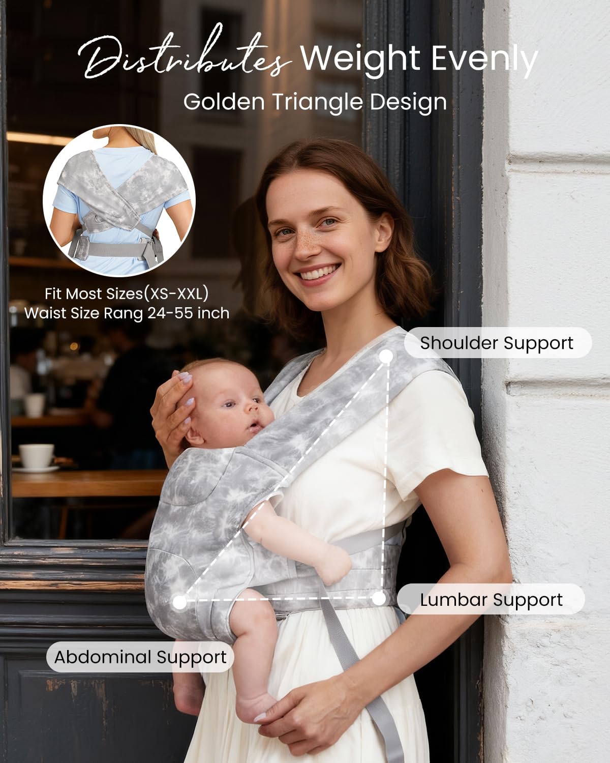 HEYVALUE Baby Carrier ergonomic hip position in TieDyeGray supports M-shape alignment.