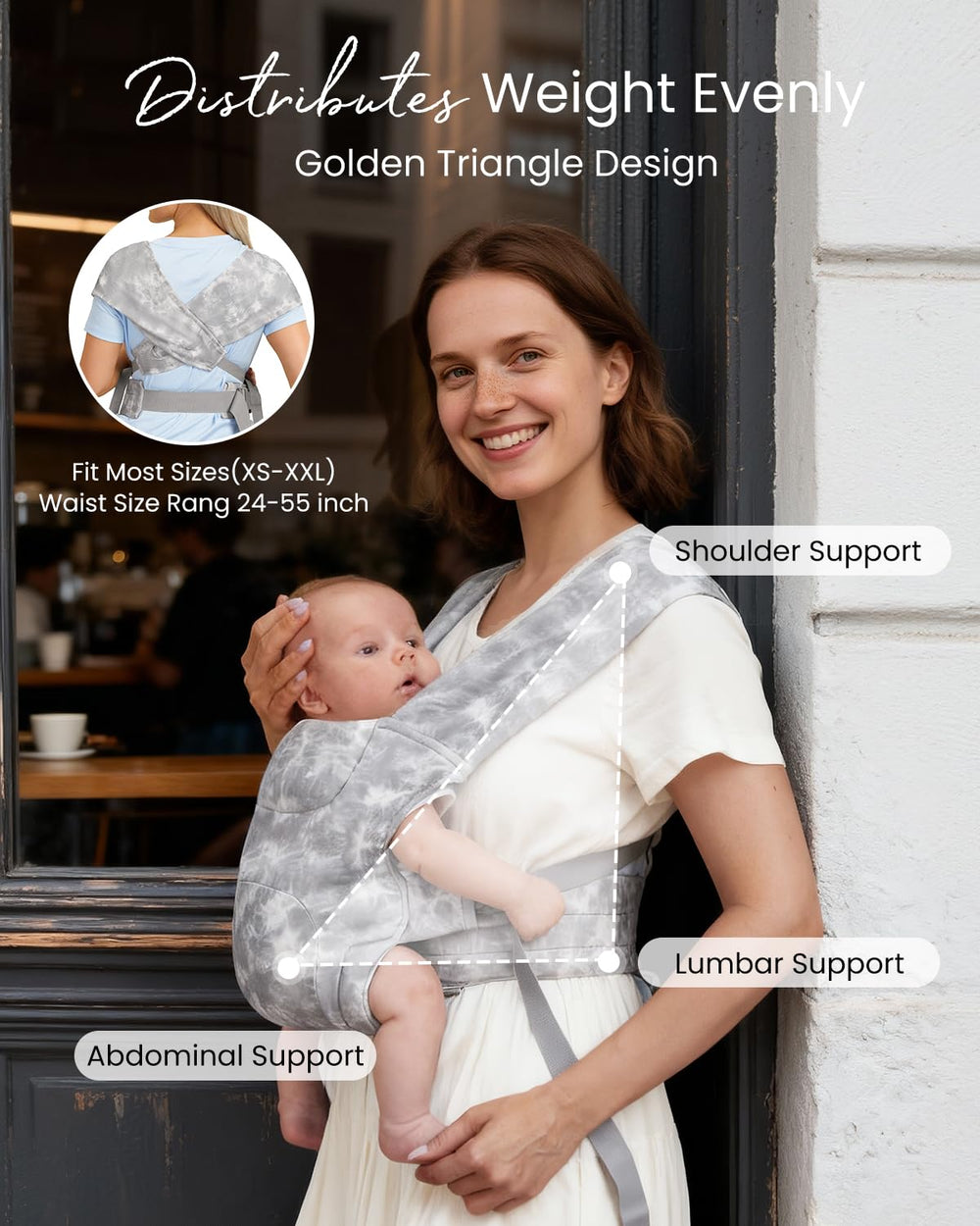 HEYVALUE Baby Carrier ergonomic hip position in TieDyeGray supports M-shape alignment.