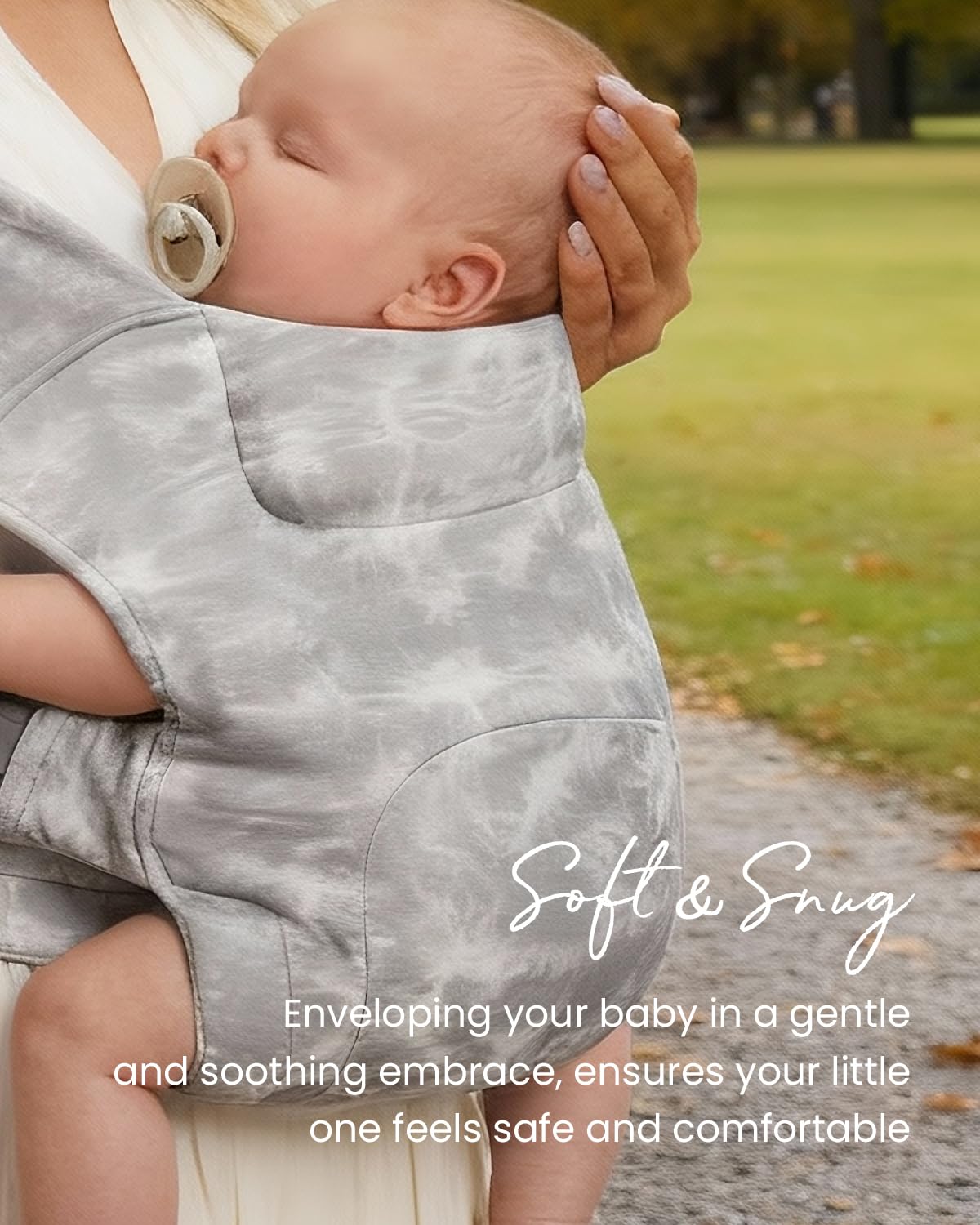 HEYVALUE Baby Carrier wide waistband in TieDyeGray distributes weight for longer carries.