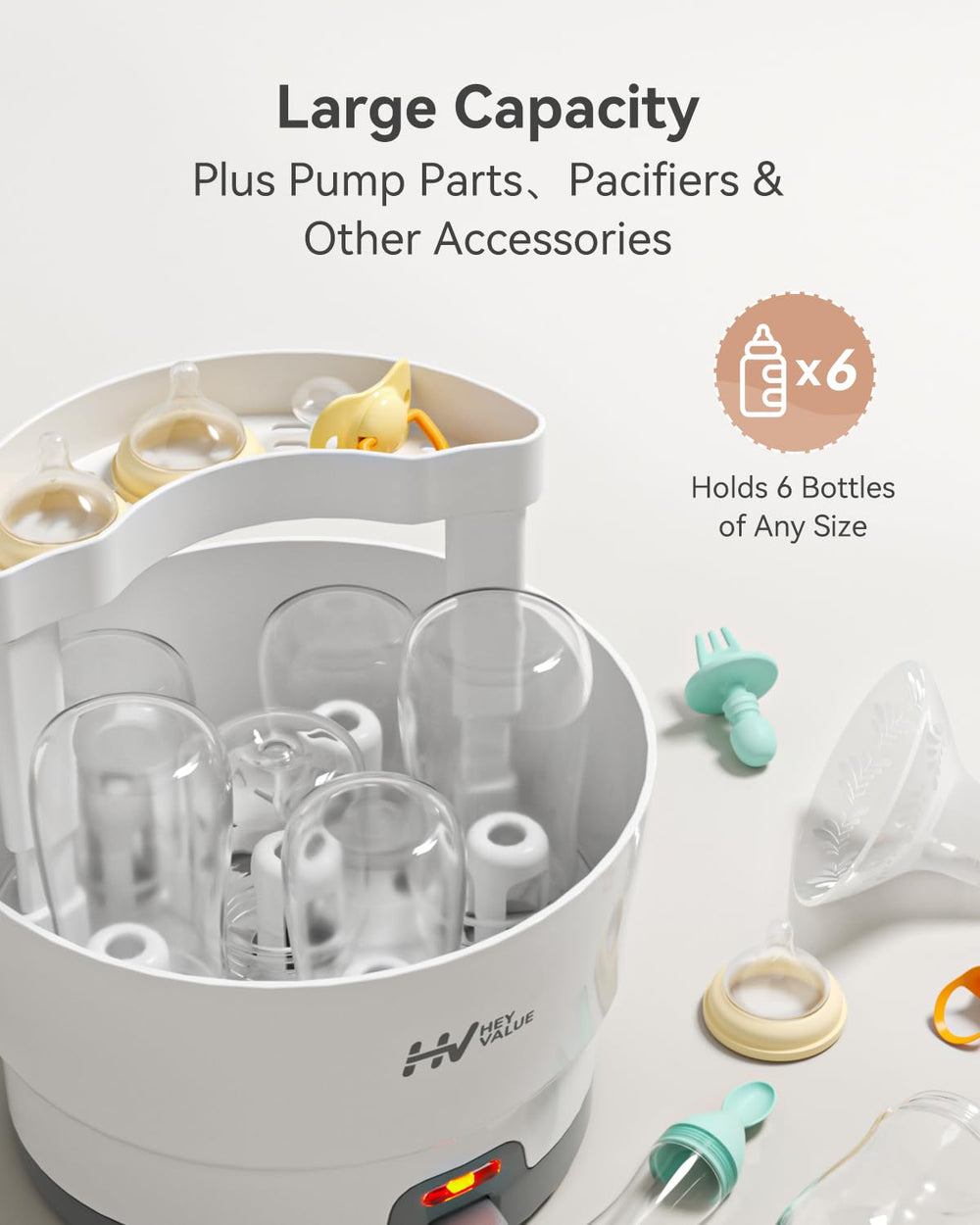 HEYVALUE Ease-Steam with bottle-parts tray for organized sterilization.