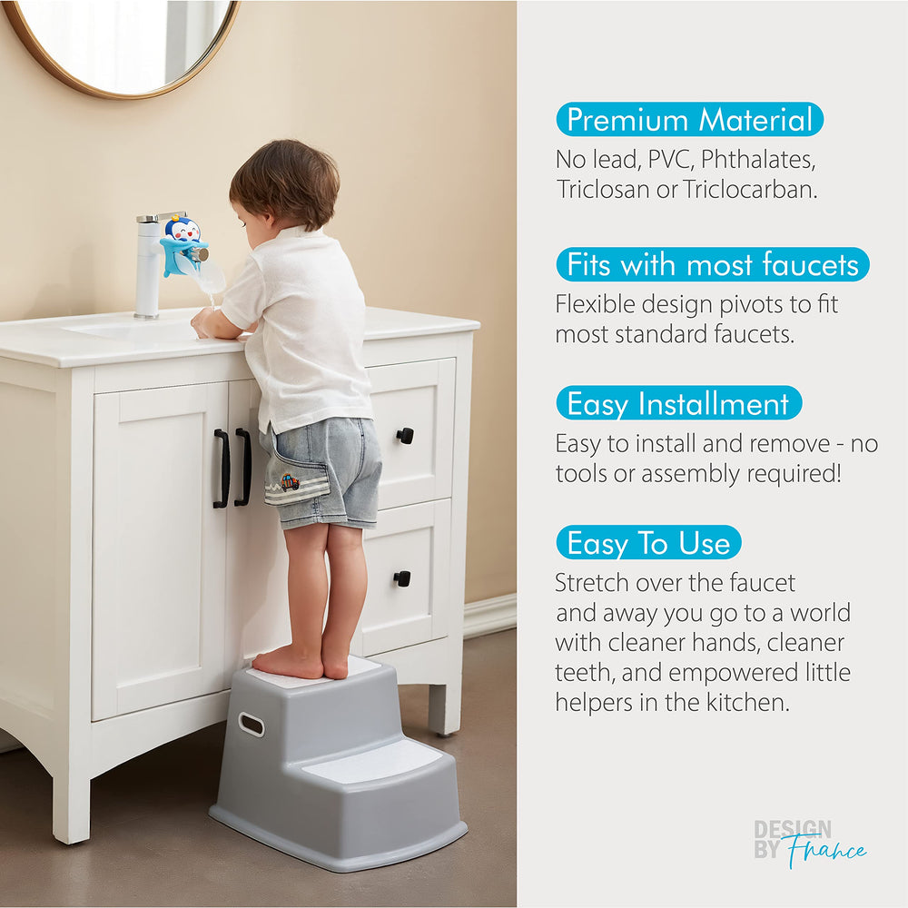 hhf penguin faucet extender side view showing kid-friendly reach