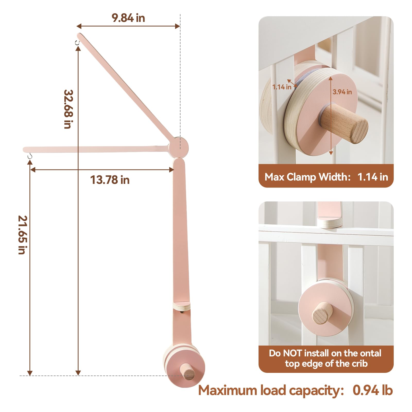 Stabilizing attachment keeps the mobile secure against the crib rail.