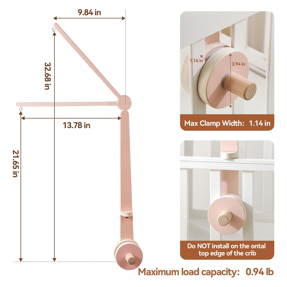 Stabilizing attachment keeps the mobile secure against the crib rail.