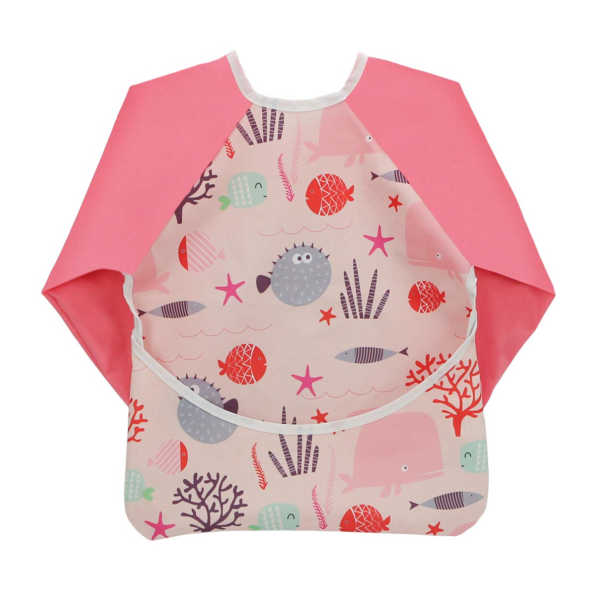 Hi Sprout baby sleeved bib in pink fish design provides waterproof protection during meals.