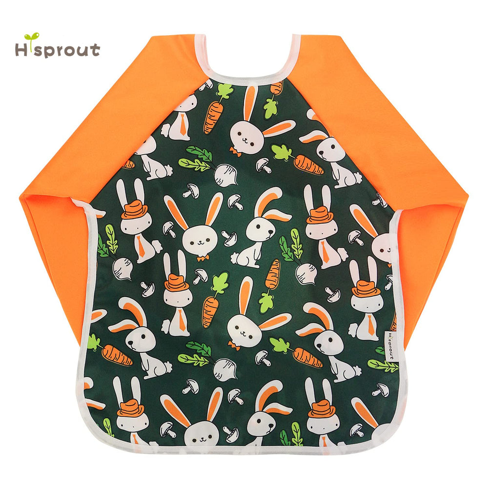 Hi Sprout carrot design bib with pockets catching spills during snack time.