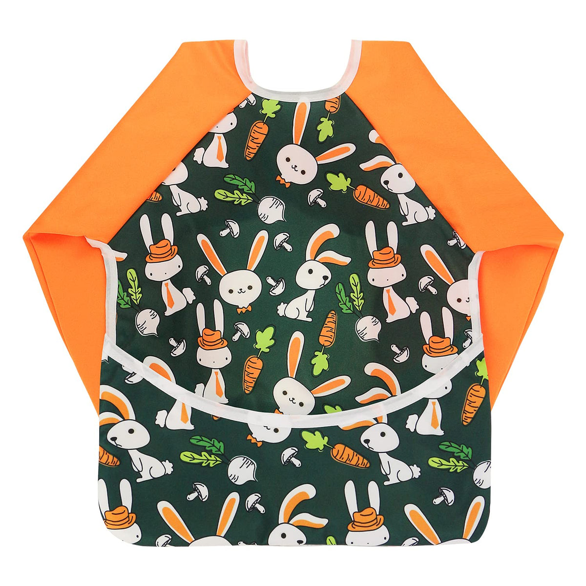 Hi Sprout rabbit-pattern sleeved bib worn by baby for mess-free meals.
