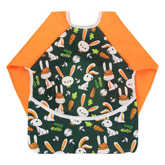 Hi Sprout rabbit-pattern sleeved bib worn by baby for mess-free meals.
