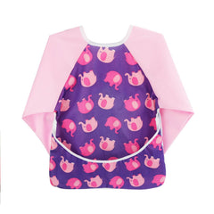 Hi Sprout sleeved bib pink elephant provides waterproof protection during meals.