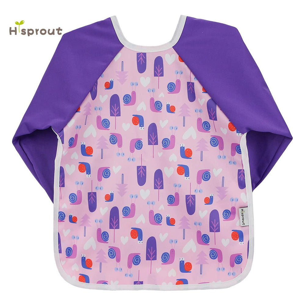 Hi Sprout Snails sleeved bib pocket catches drips during feeding.
