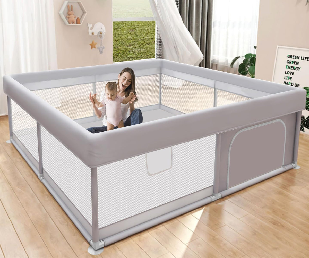 Hiaksedt Baby Playpen full view showing a spacious 50x50 inch play area for safe playtime