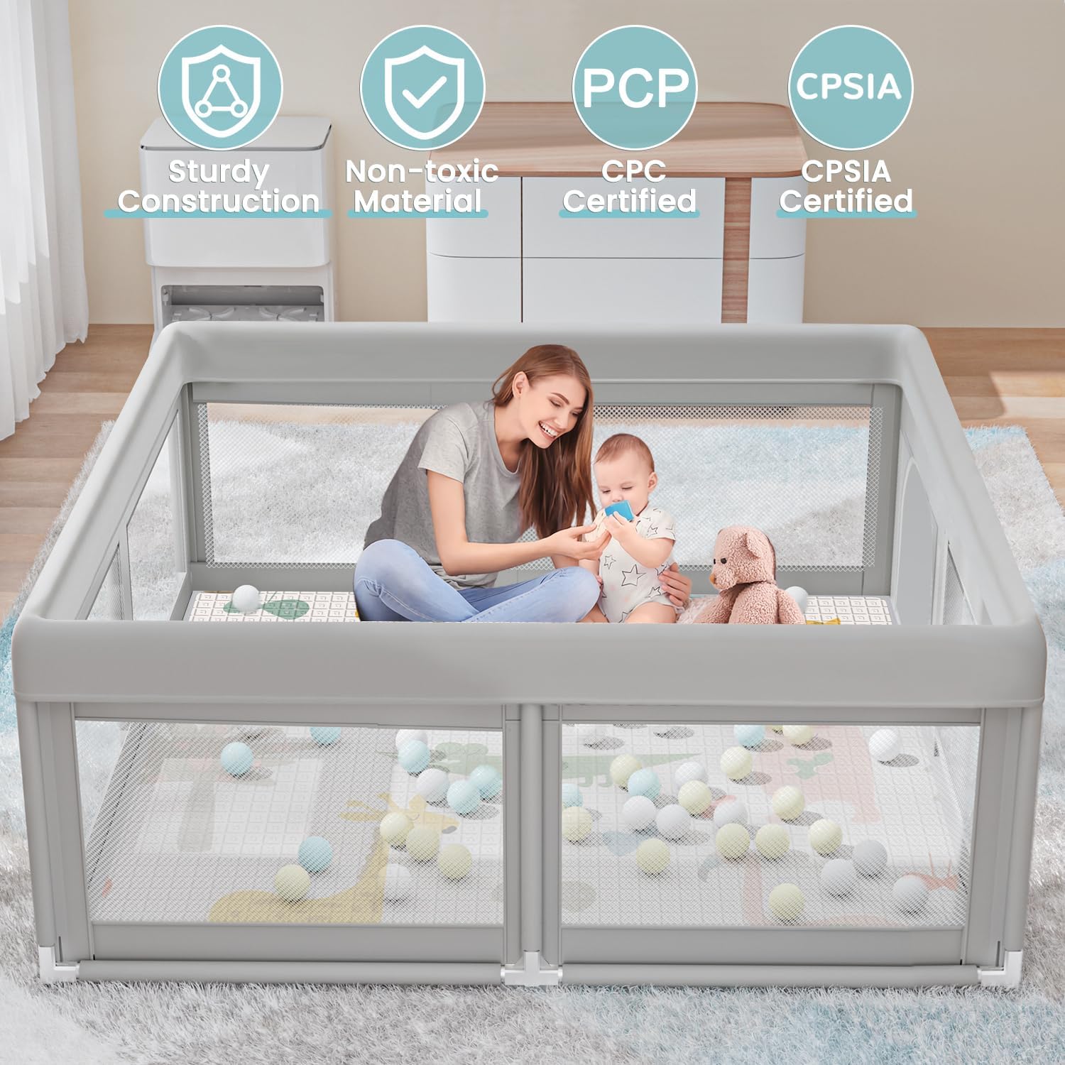 Hiaksedt Playpen breathable-mesh walls provide visibility and airflow.