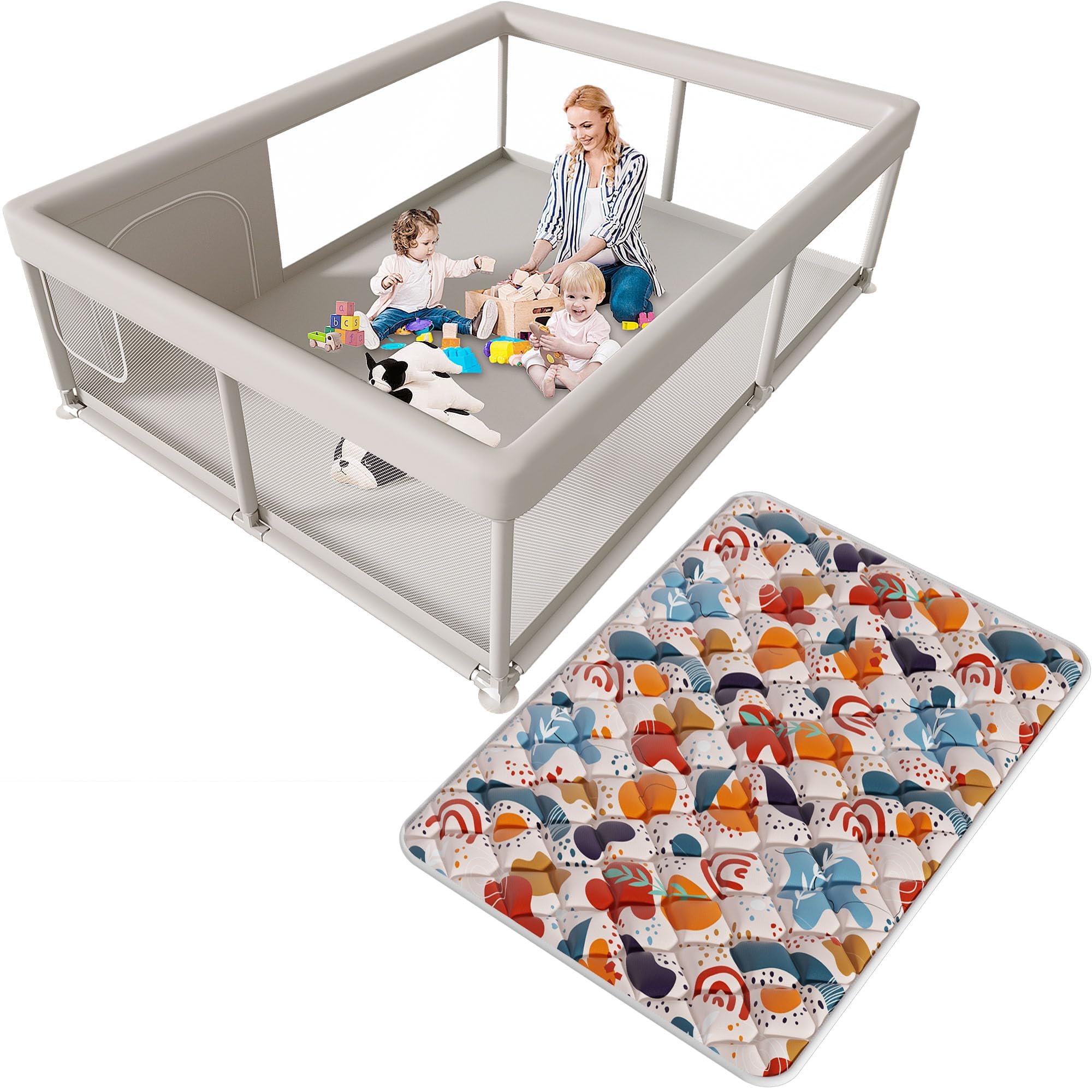 Hiaksedt baby playpen demonstrates spacious 65x50-inch area for safe play.