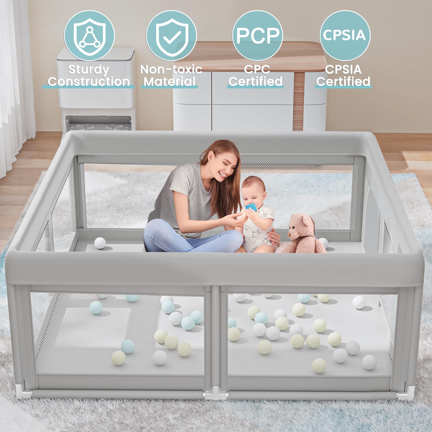 Hiaksedt folded-storage option keeping the playpen compact when not in use
