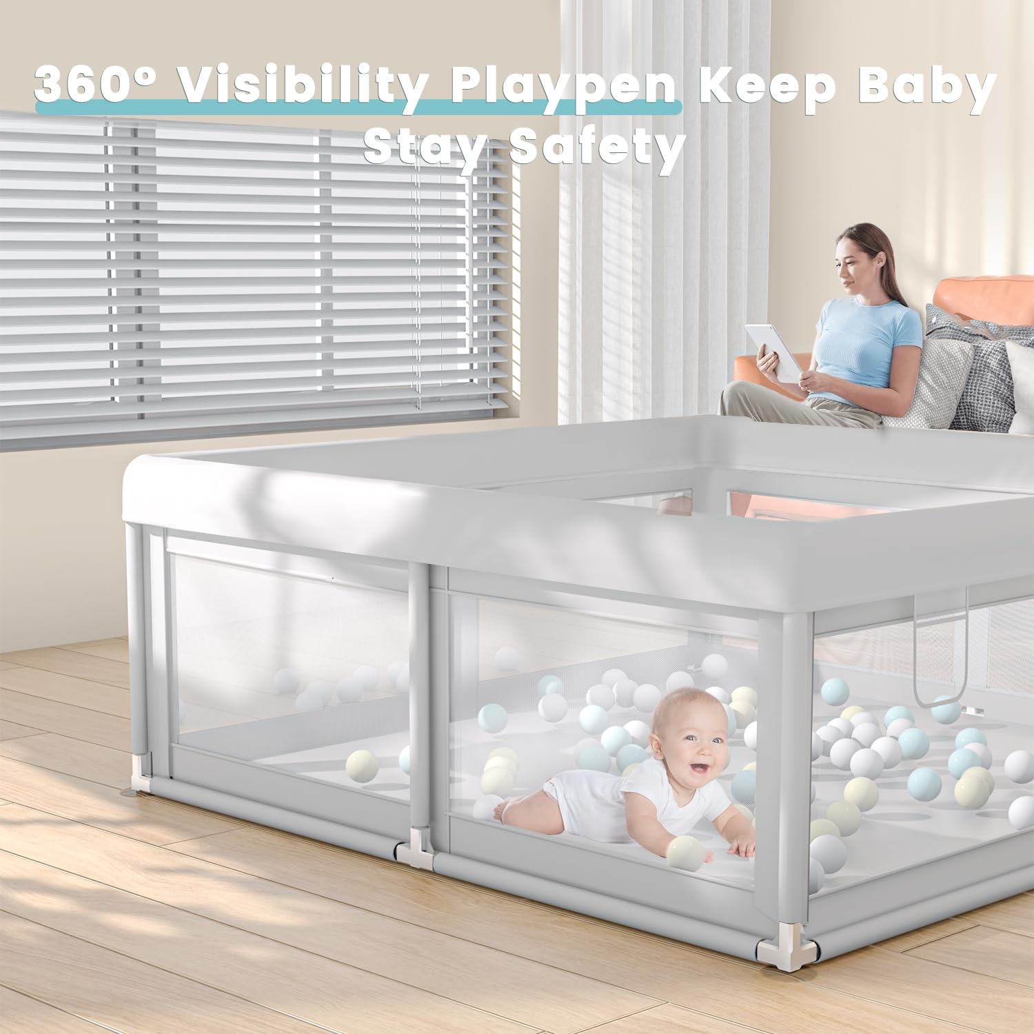 Hiaksedt playpen with safety suction cups ensuring stable setup on various floors