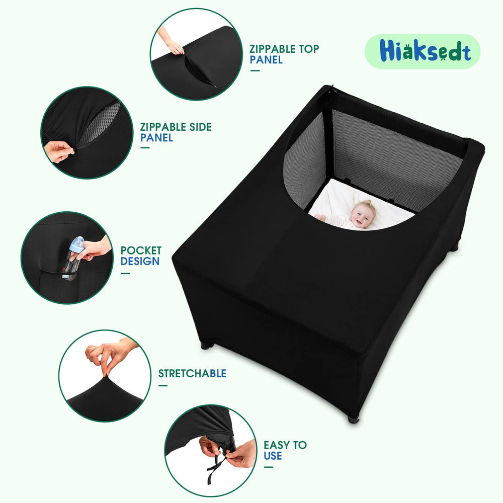 Hiaksedt Pack N Play blackout cover in use during travel with essentials nearby