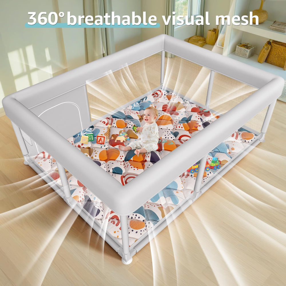 Hiaksedt playpen with cushioned top edge protecting toddlers.