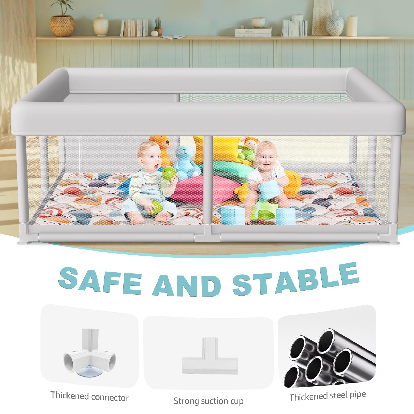 Hiaksedt playpen with four non-slip suction cups for stability.