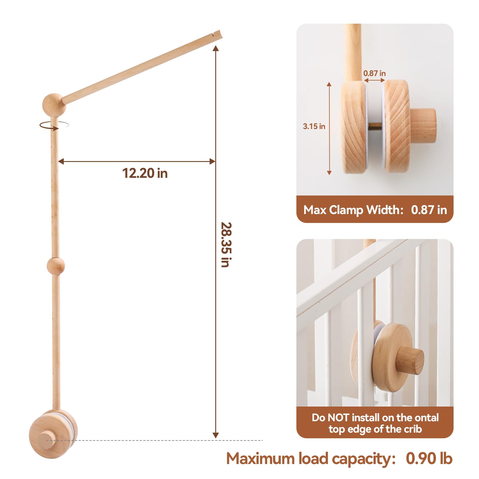 HI BABY MONMENT wooden mobile arm close-up shows smooth, premium finish.